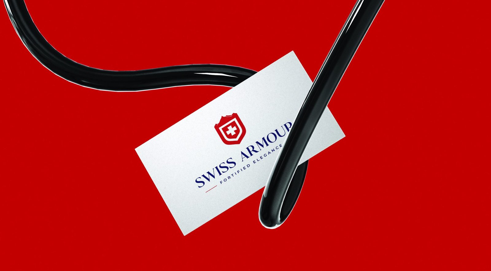 Swiss Armour business card with a black lacquer pen on red